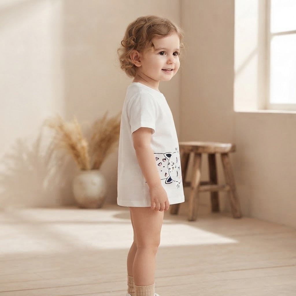 SHEIN White Short-Sleeve T-Shirt with Asymmetric Cat Graphic