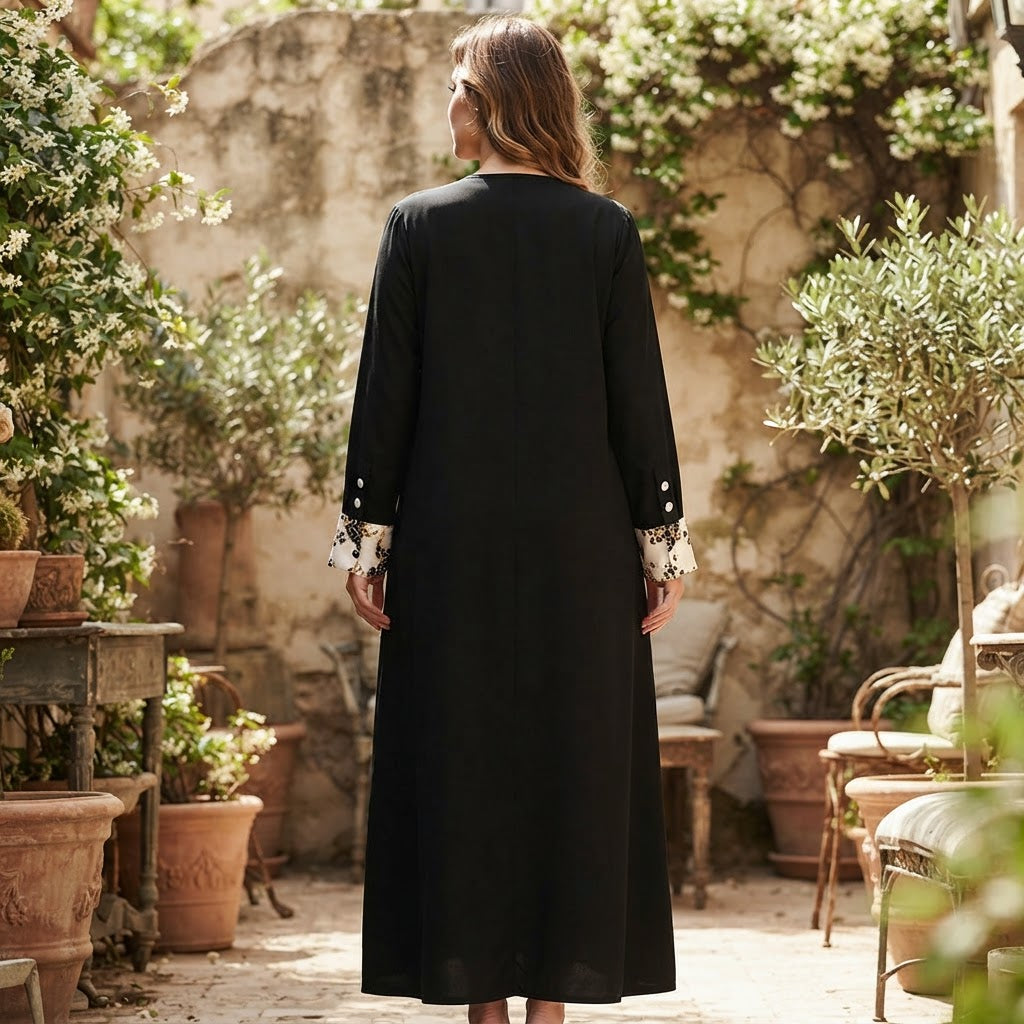 Women's Black and Silver Floral Patterned Long Abaya