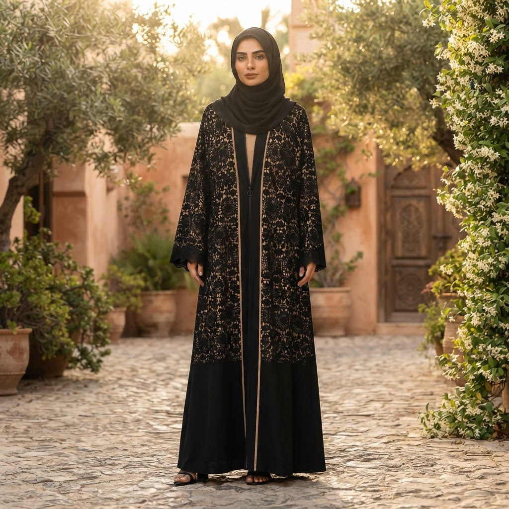 Black Lace and Crepe Modest Long Abaya Robe (Winter)