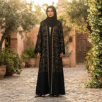 Black Lace and Crepe Modest Long Abaya Robe (Winter)
