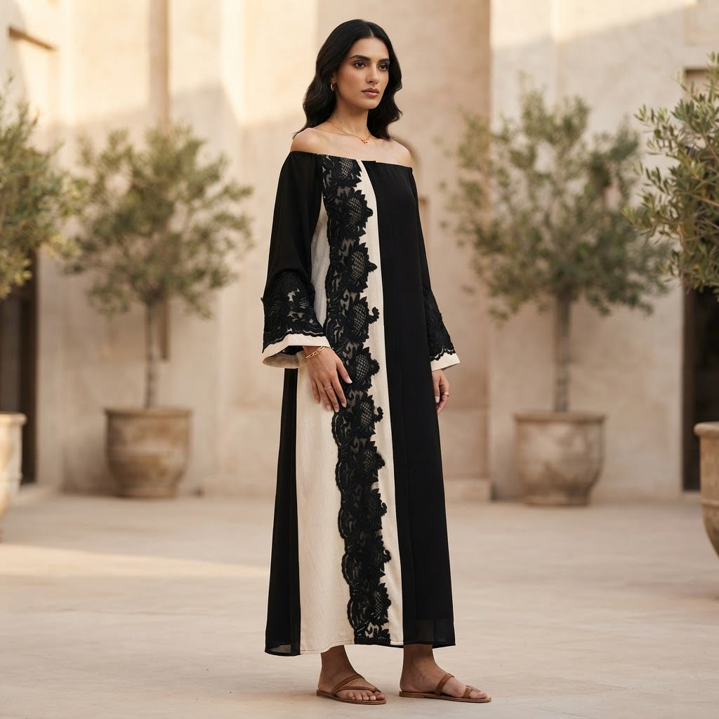 Black and Cream Lace Panel Long Tunic Kameez