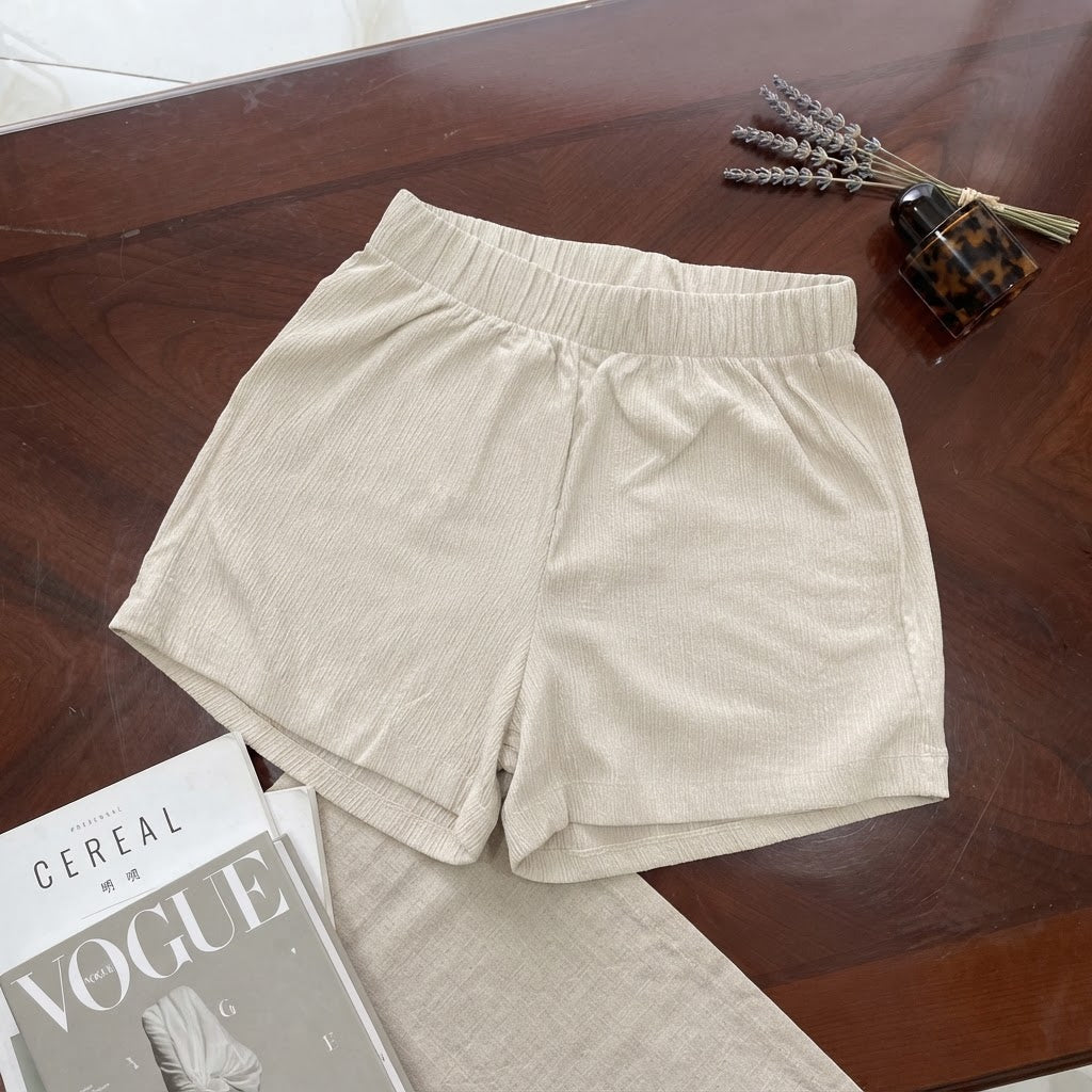 Cream Textured High-Waist Relaxed Lounge Shorts