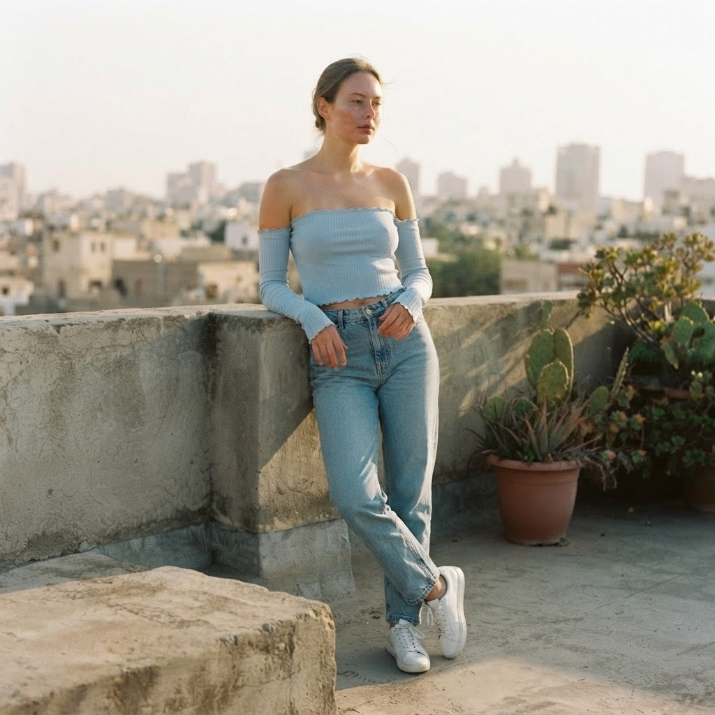 [WearU Generated:campaign_3] FB Sister Light Blue Ribbed Knit Straight Tube Top – back view