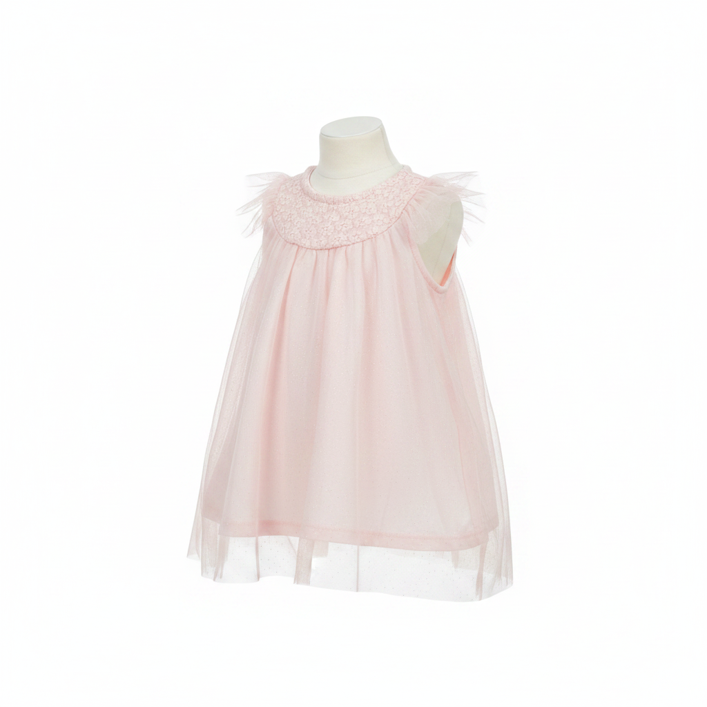 Girls' Blush Pink Tulle Ruffle Top with Floral Detail