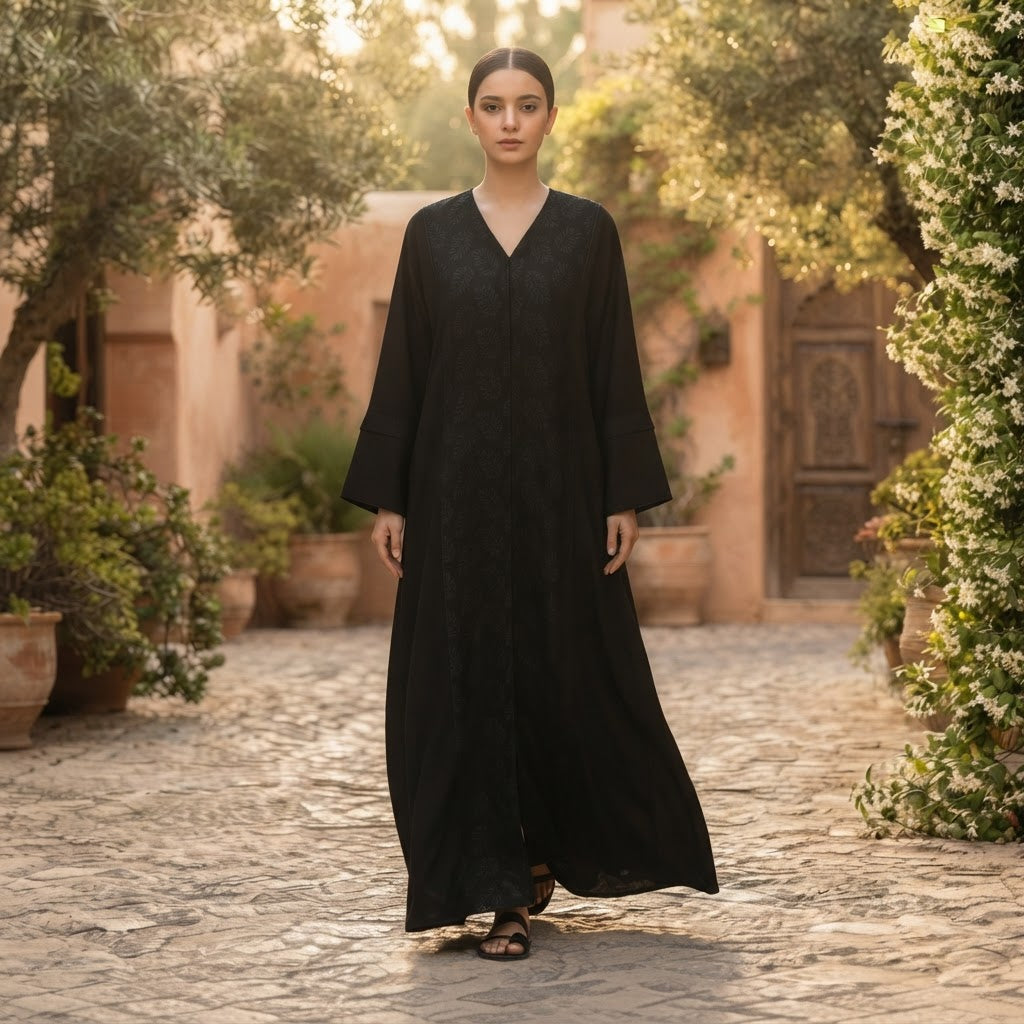 Black Botanical Jacquard Panel Men's Long Kurta