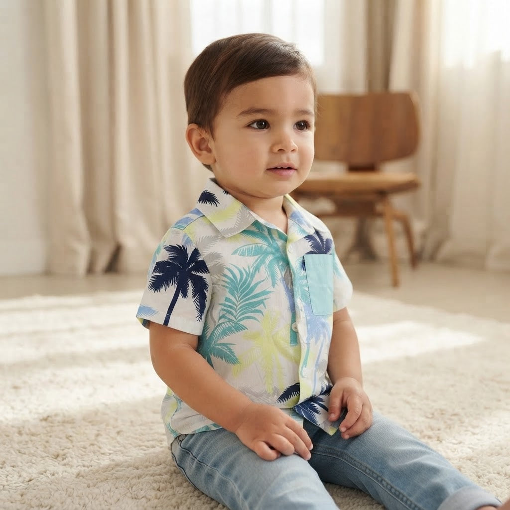 Boys Tropical Palm Tree Print Short Sleeve Button-Down