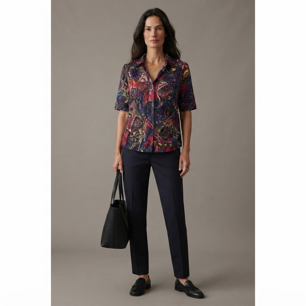 SHEIN Navy Multicolour Abstract Print Relaxed Rayon Blouse