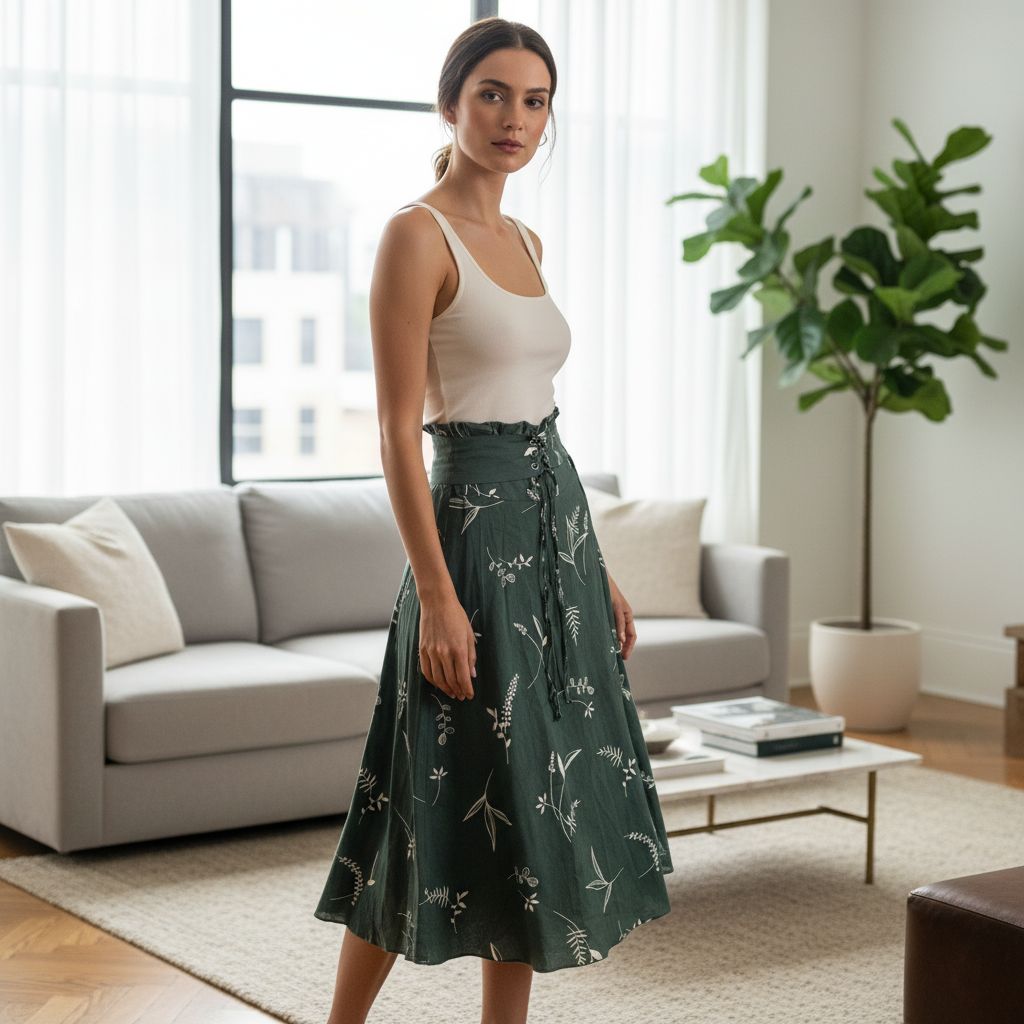 Women's Green Floral Lace-Up Midi Skirt