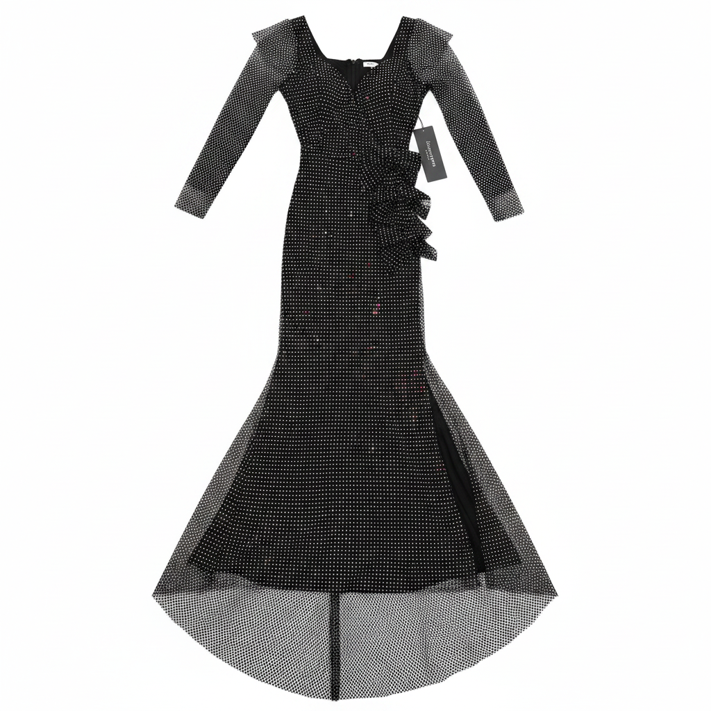 Bianca Nera Black Rhinestone Long Sleeve Evening Gown
