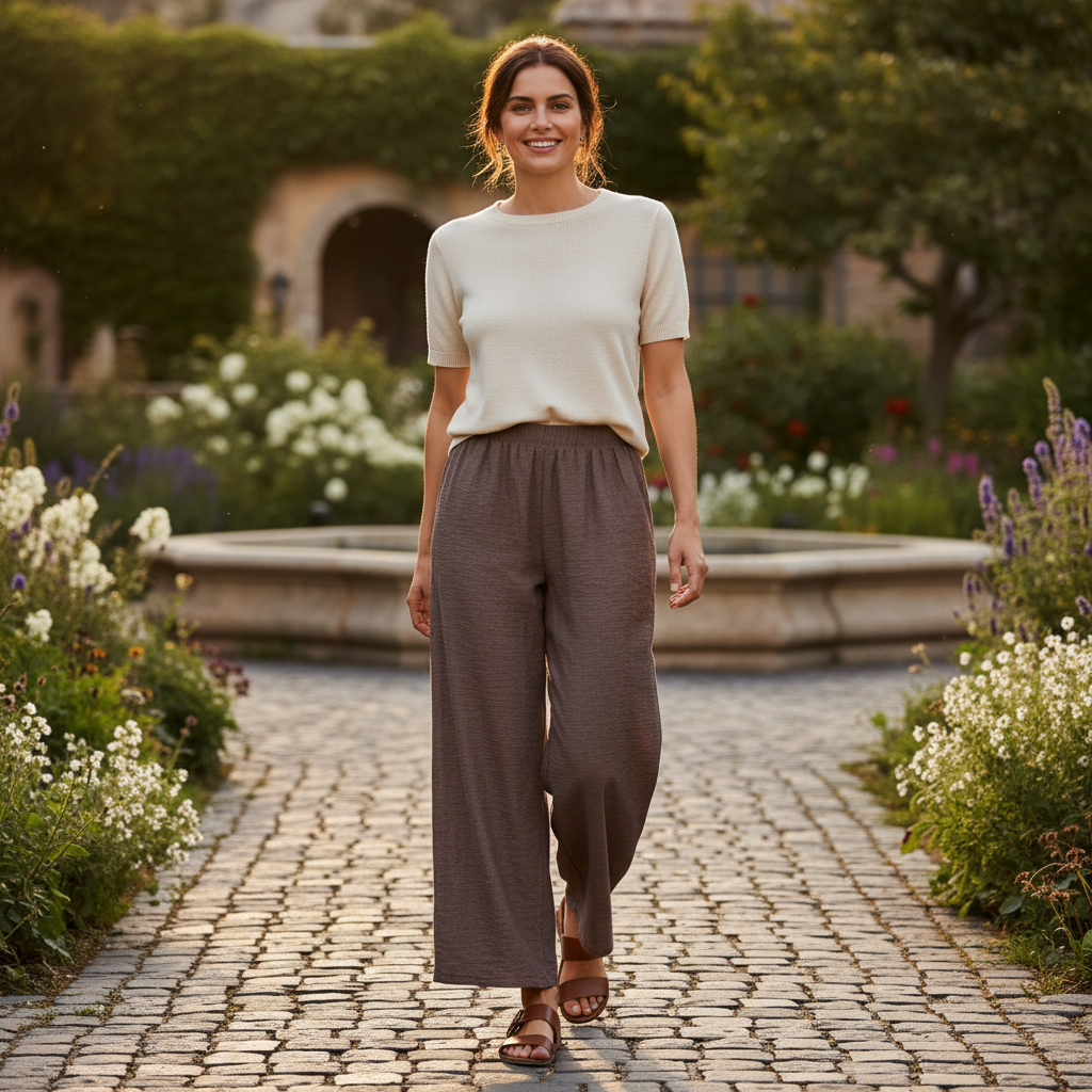 Women's Brown Wide Leg Linen Blend Trousers