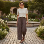 Women's Brown Wide Leg Linen Blend Trousers