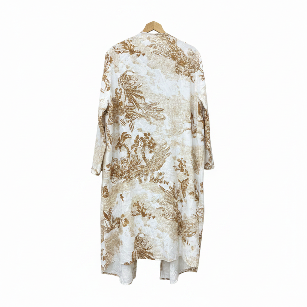 SHEIN CURVE Women's White & Brown Tropical Print Long Kimono