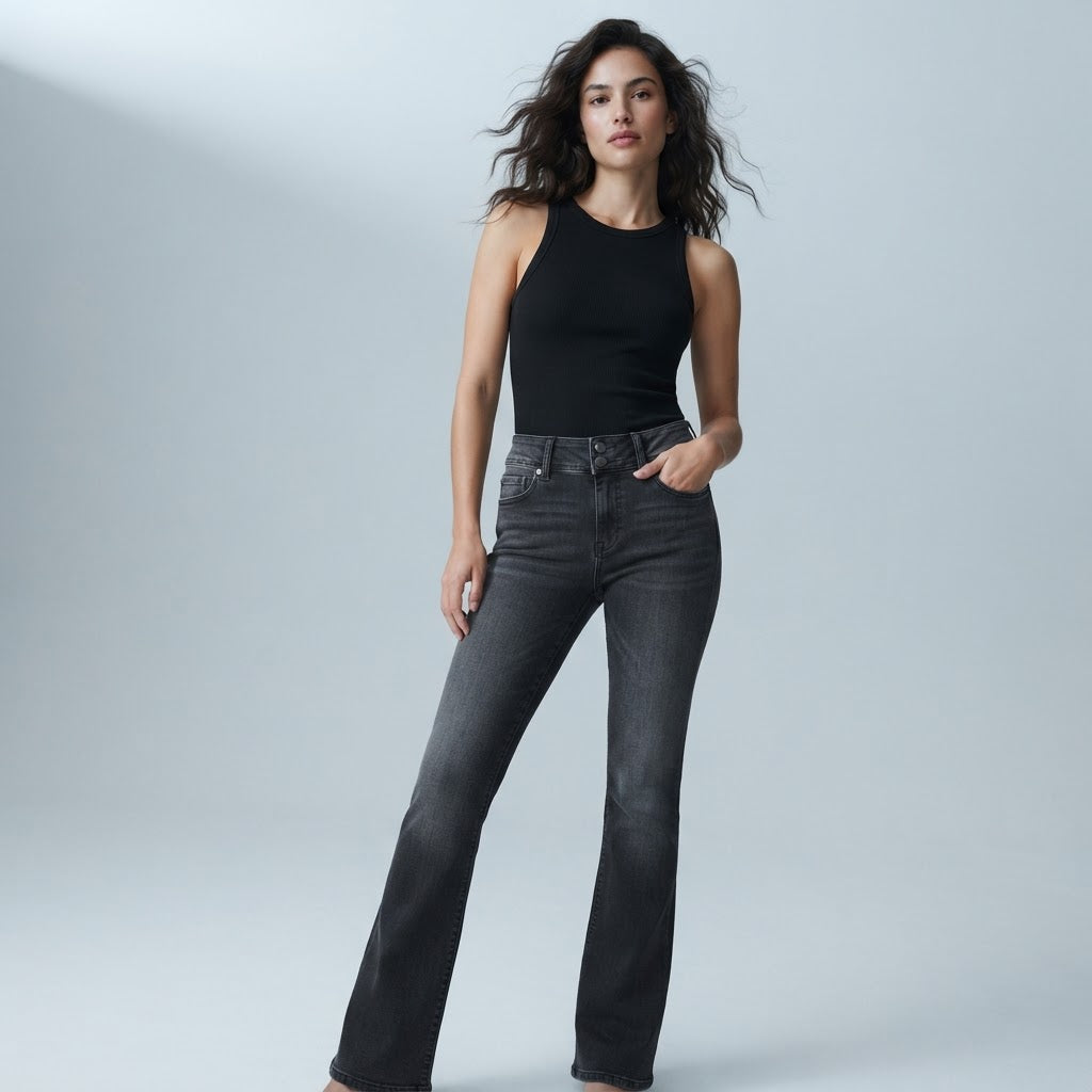 Bershka Washed Black Flare Jeans with Chevron Pocket Detail