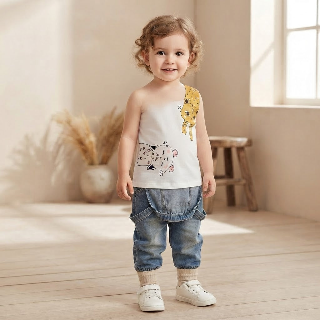 SHEIN White Short-Sleeve T-Shirt with Asymmetric Cat Graphic