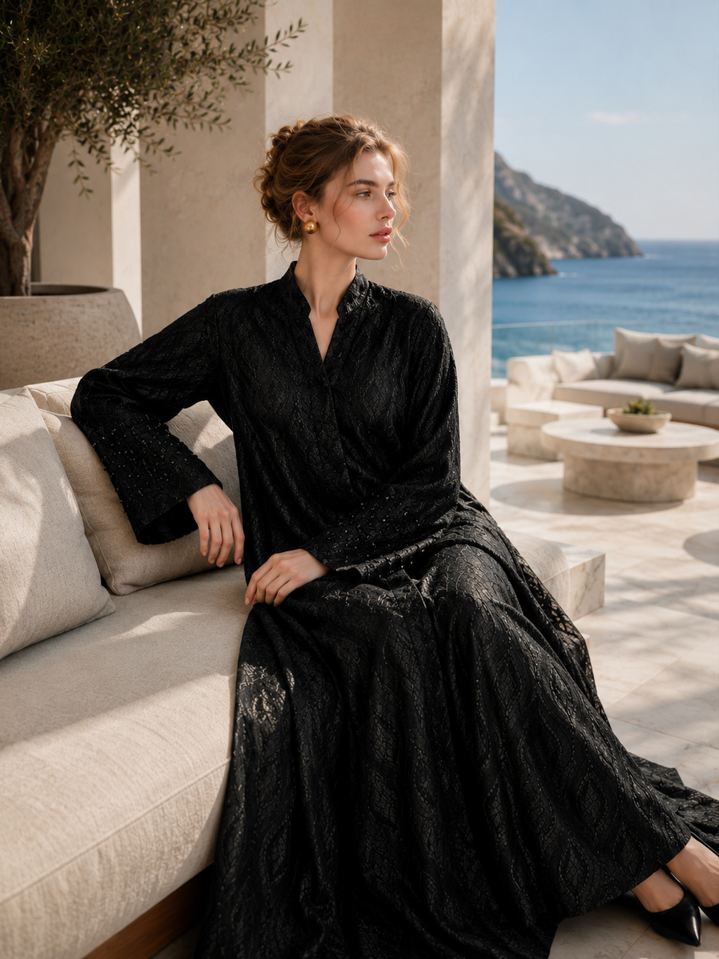 Luxury Jet Black Botanical Jacquard Full Length Abaya