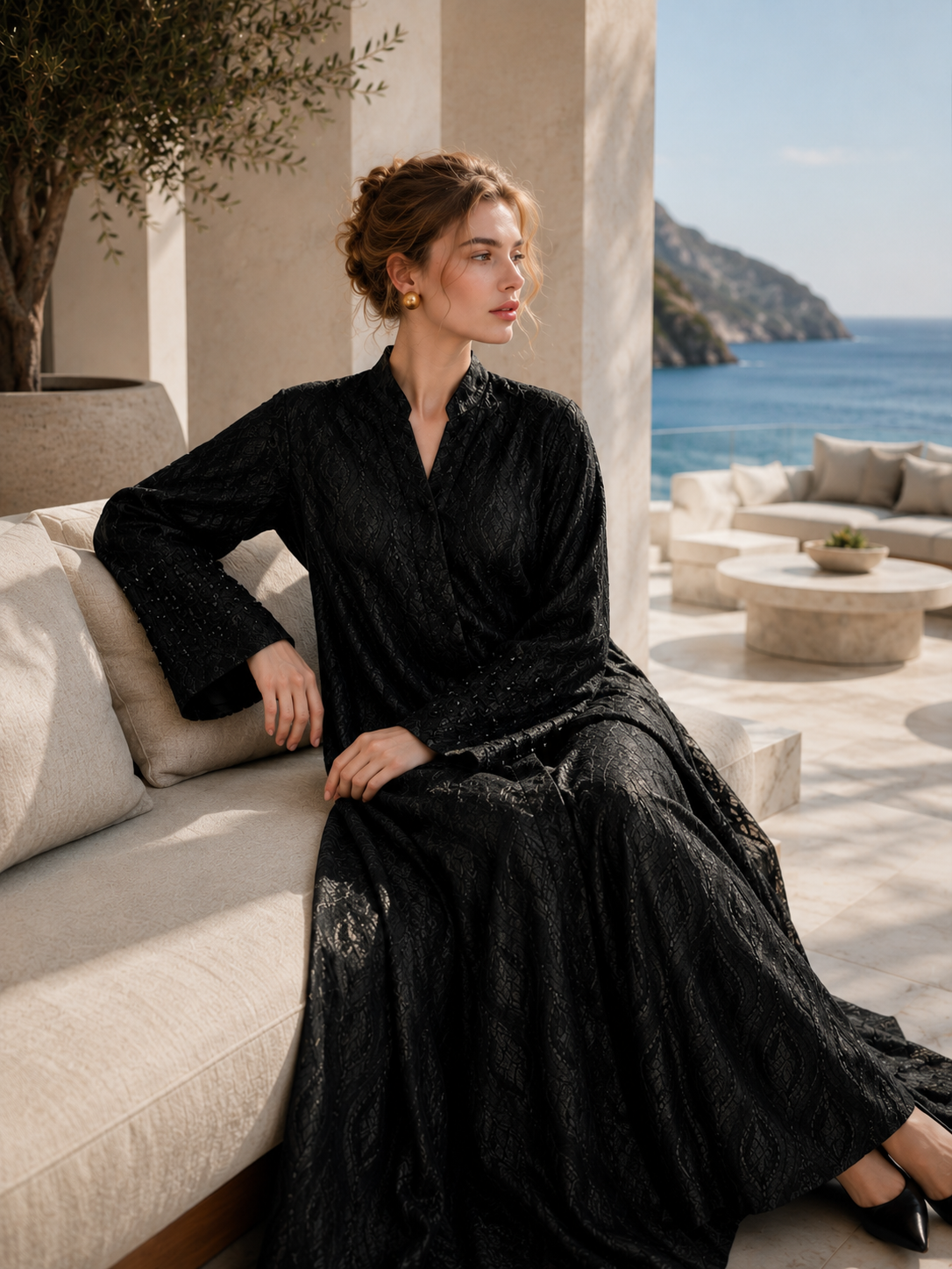 Luxury Jet Black Botanical Jacquard Full Length Abaya