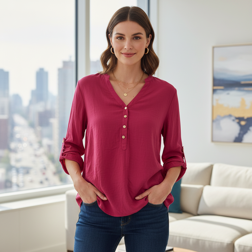 Cortefiel Women's Fuchsia Pink Roll-Tab Sleeve Blouse