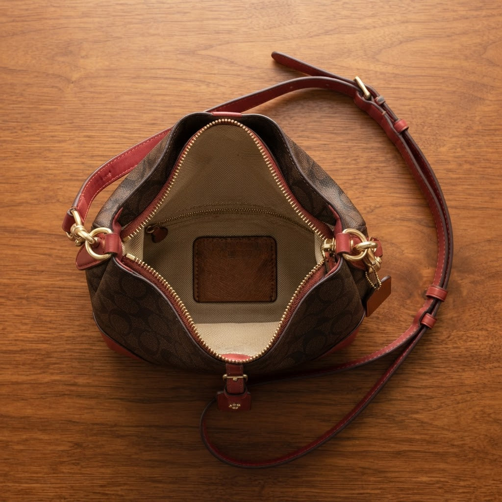 COACH LEATHERWARE Monogram Bucket Crossbody Bag with Red Tri
