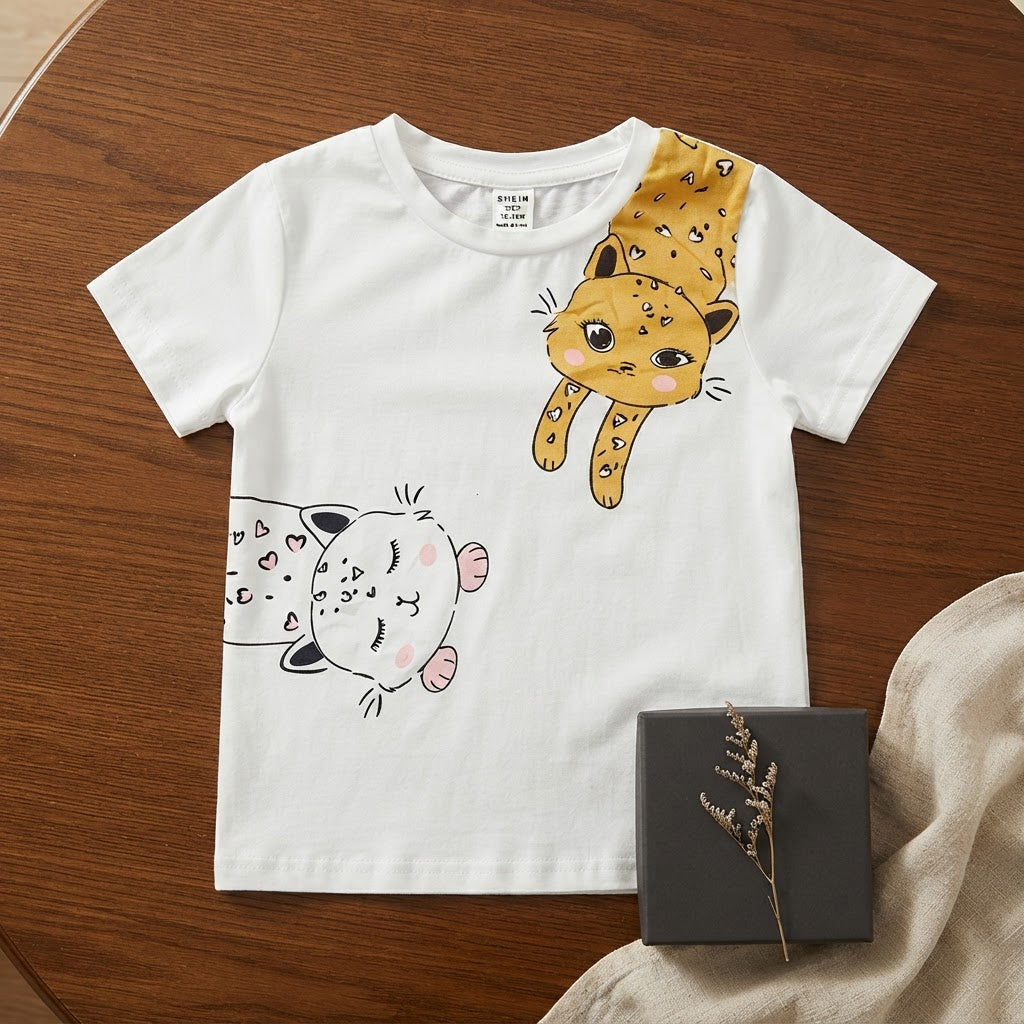 SHEIN White Short-Sleeve T-Shirt with Asymmetric Cat Graphic