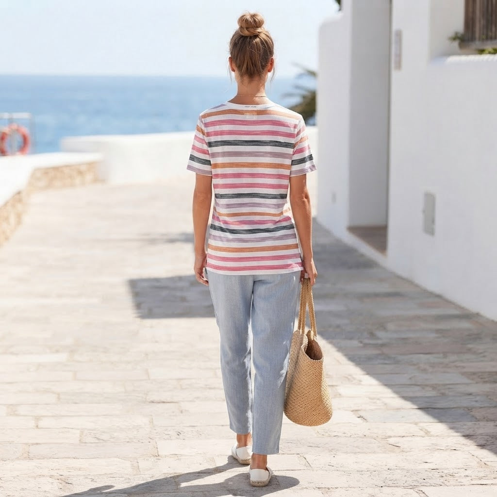 Emery Rose Emery Rose Multi-Stripe V-Neck Short Sleeve Relax