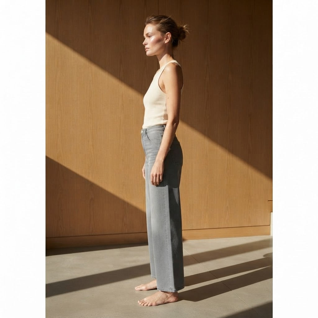 Mango Medium Grey Wide Leg Jeans with Curved Waistband