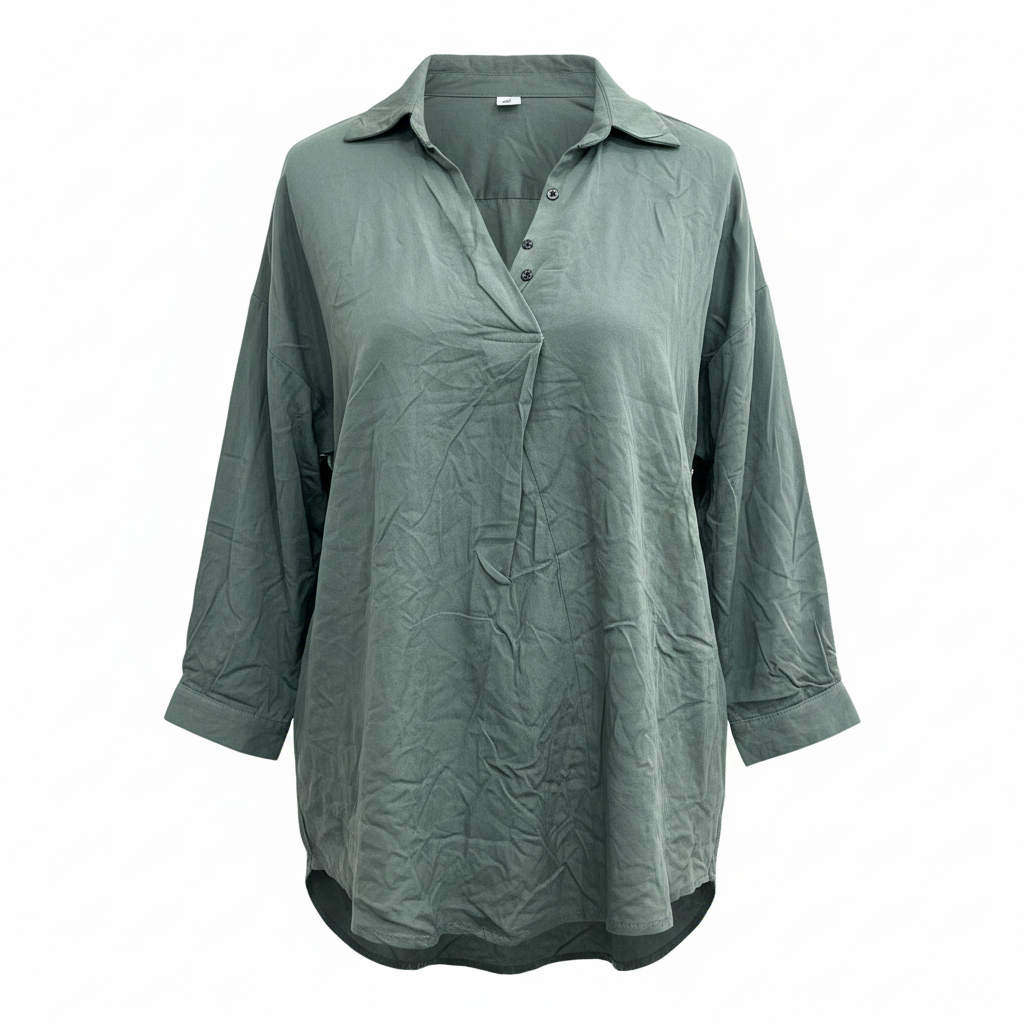 Women's Relaxed Olive Green V-Neck Long Sleeve Shirt