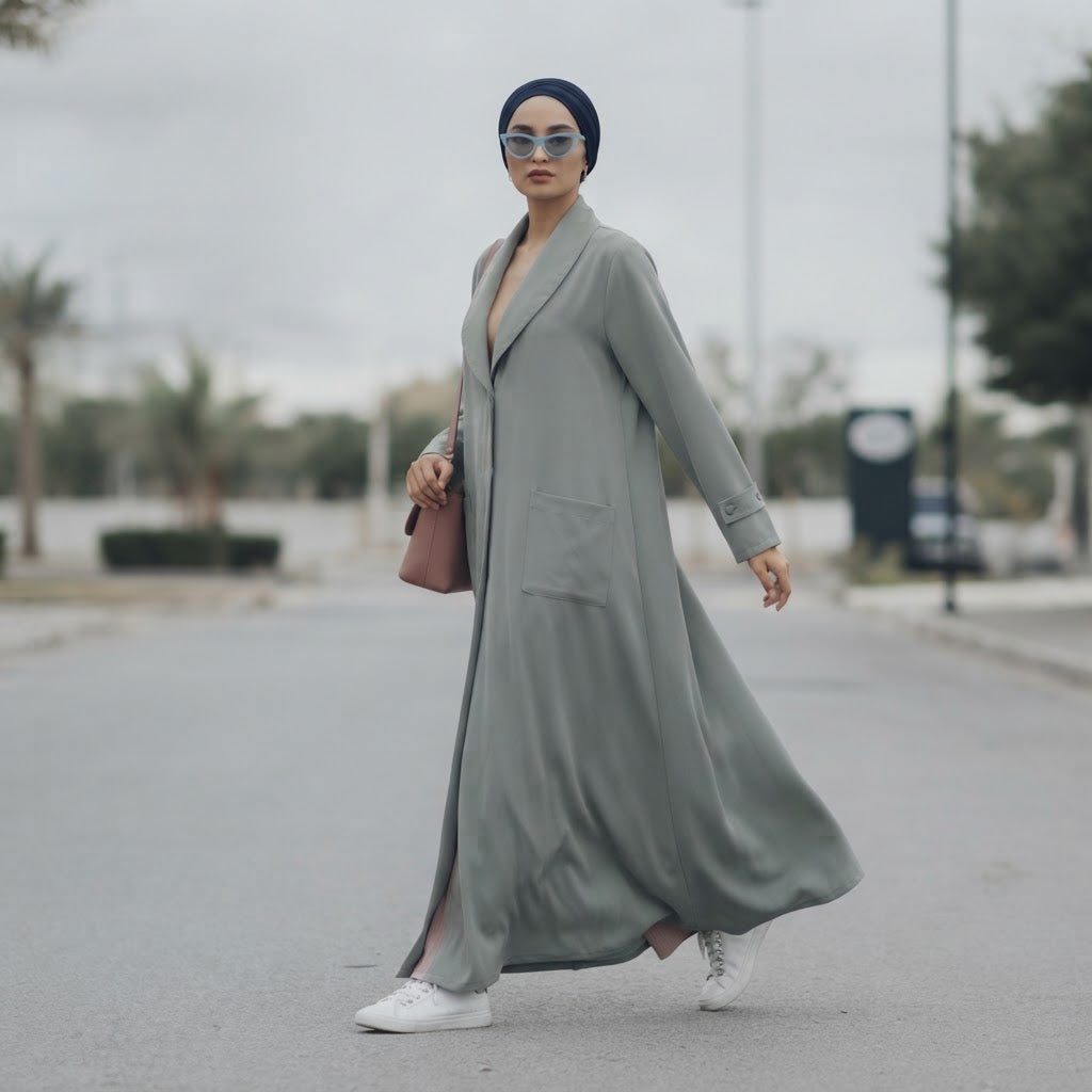 Cool Sage Grey Floor-Length Thobe with Mandarin Collar