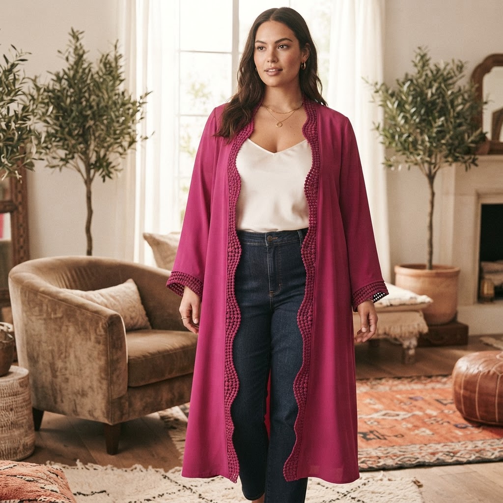Women's Magenta Open Front Kimono Abaya  with Crochet Trim
