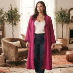 Women's Magenta Open Front Kimono Abaya  with Crochet Trim