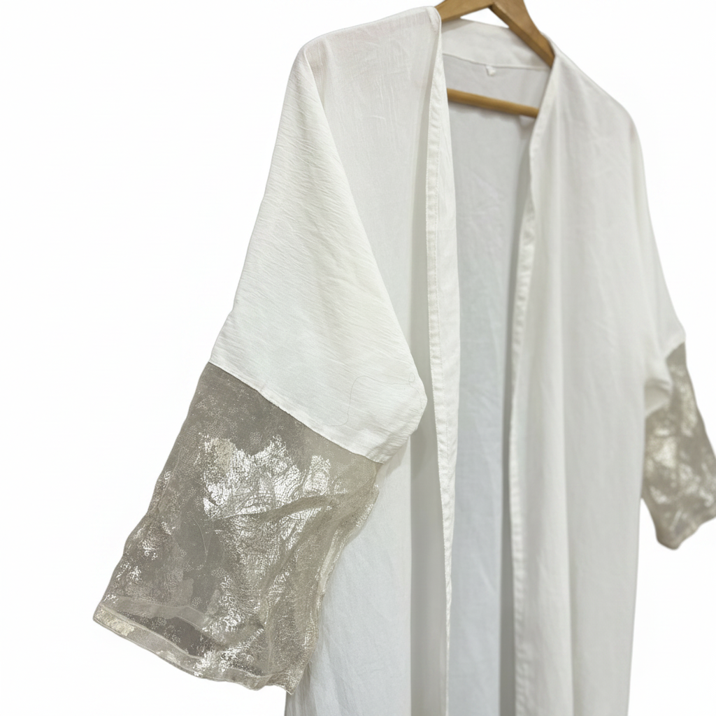 Women's White Longline Kimono with Metallic Cuffs