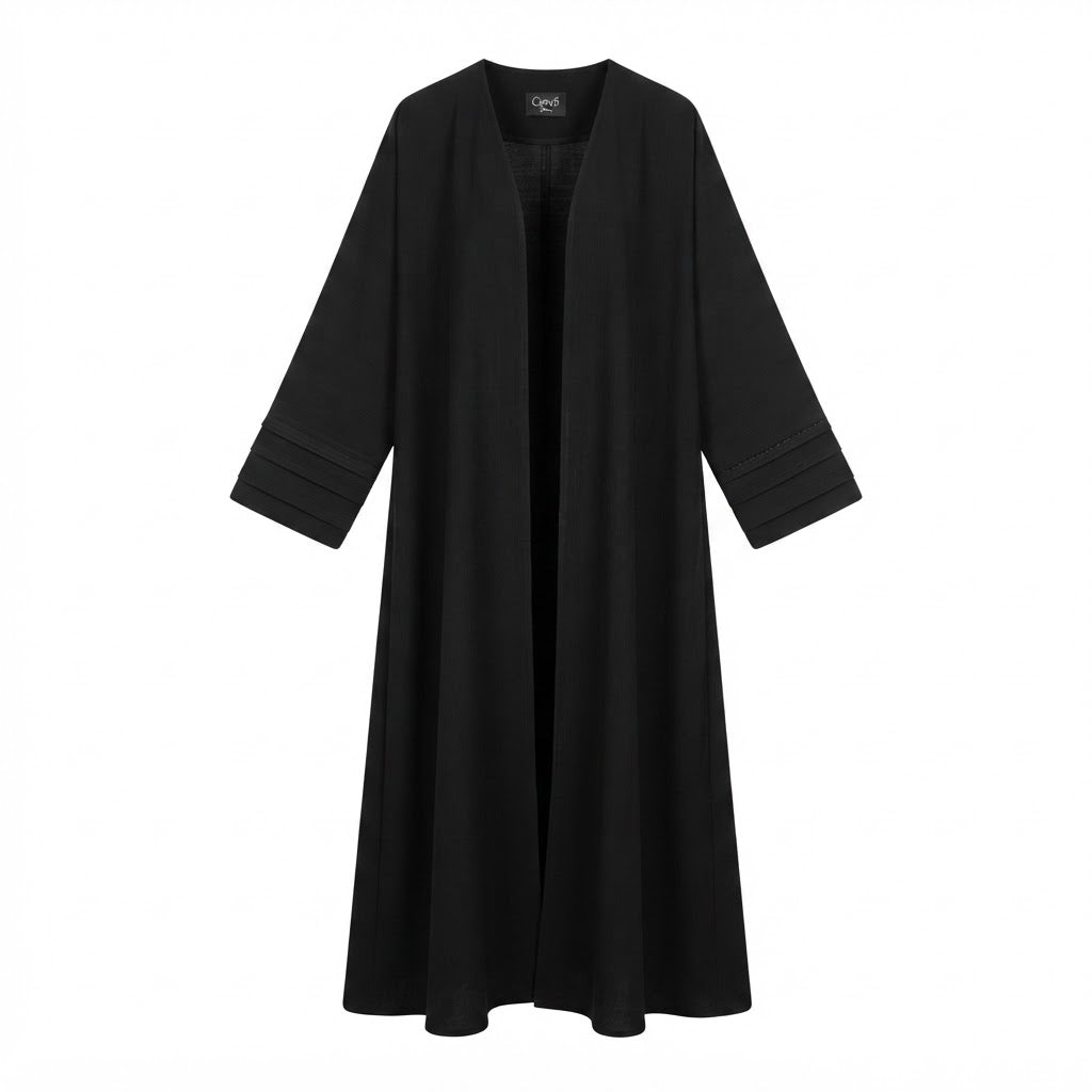 Cervo Black Open-Front Abaya with Structured Banded Cuffs