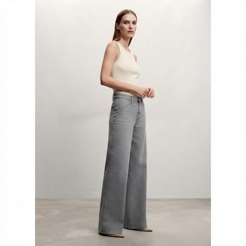 Mango Grey Wide-Leg Denim Jeans with Architectural Waistband
