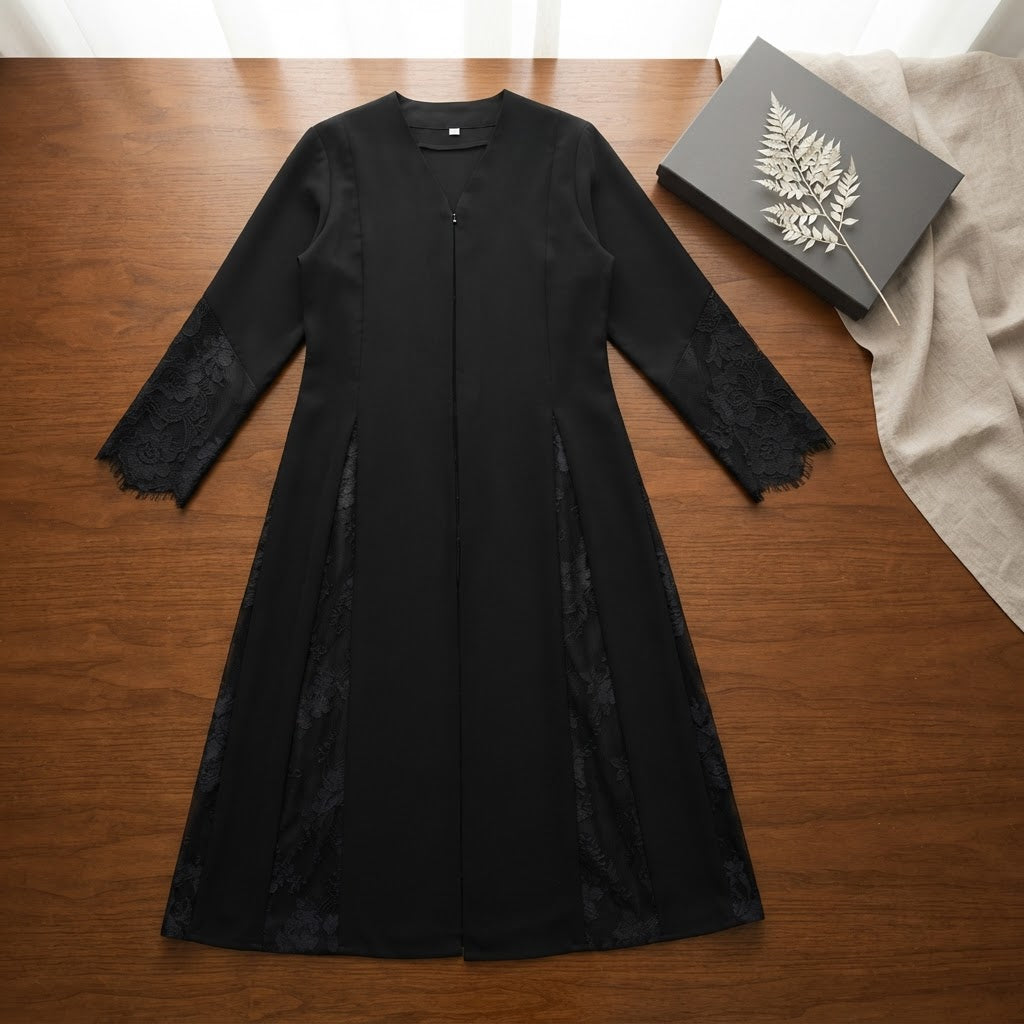 Black Open-Front Abaya with Floral Lace Cuffs and