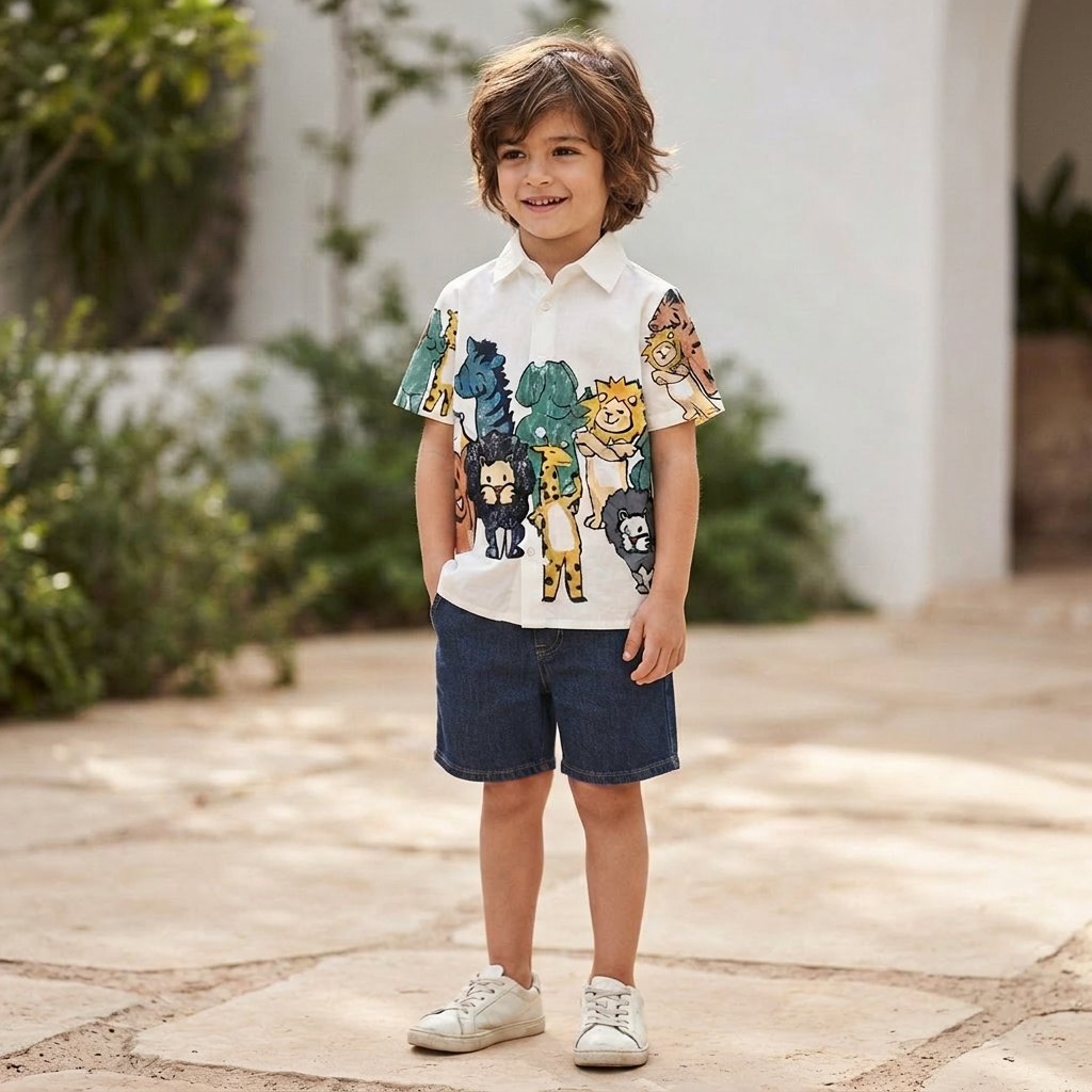 SHEIN White Short-Sleeve Safari Animal Print Kids Shirt