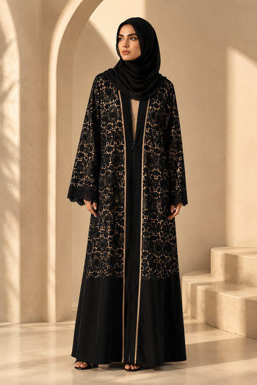 Black Lace and Crepe Modest Long Abaya Robe (Winter)