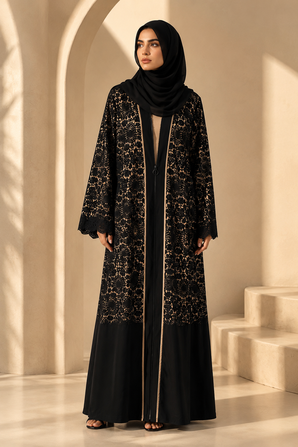 Black Lace and Crepe Modest Long Abaya Robe (Winter)