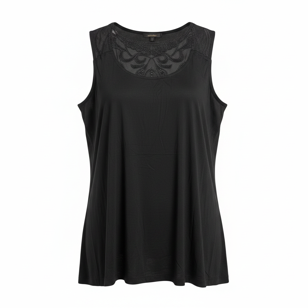Women's Black Sleeveless Top with Embroidered Lace Yoke
