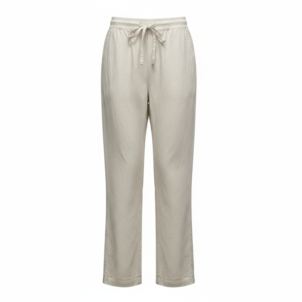 Women's Beige Linen Blend Straight Leg Drawstring Trousers