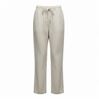 Women's Beige Linen Blend Straight Leg Drawstring Trousers