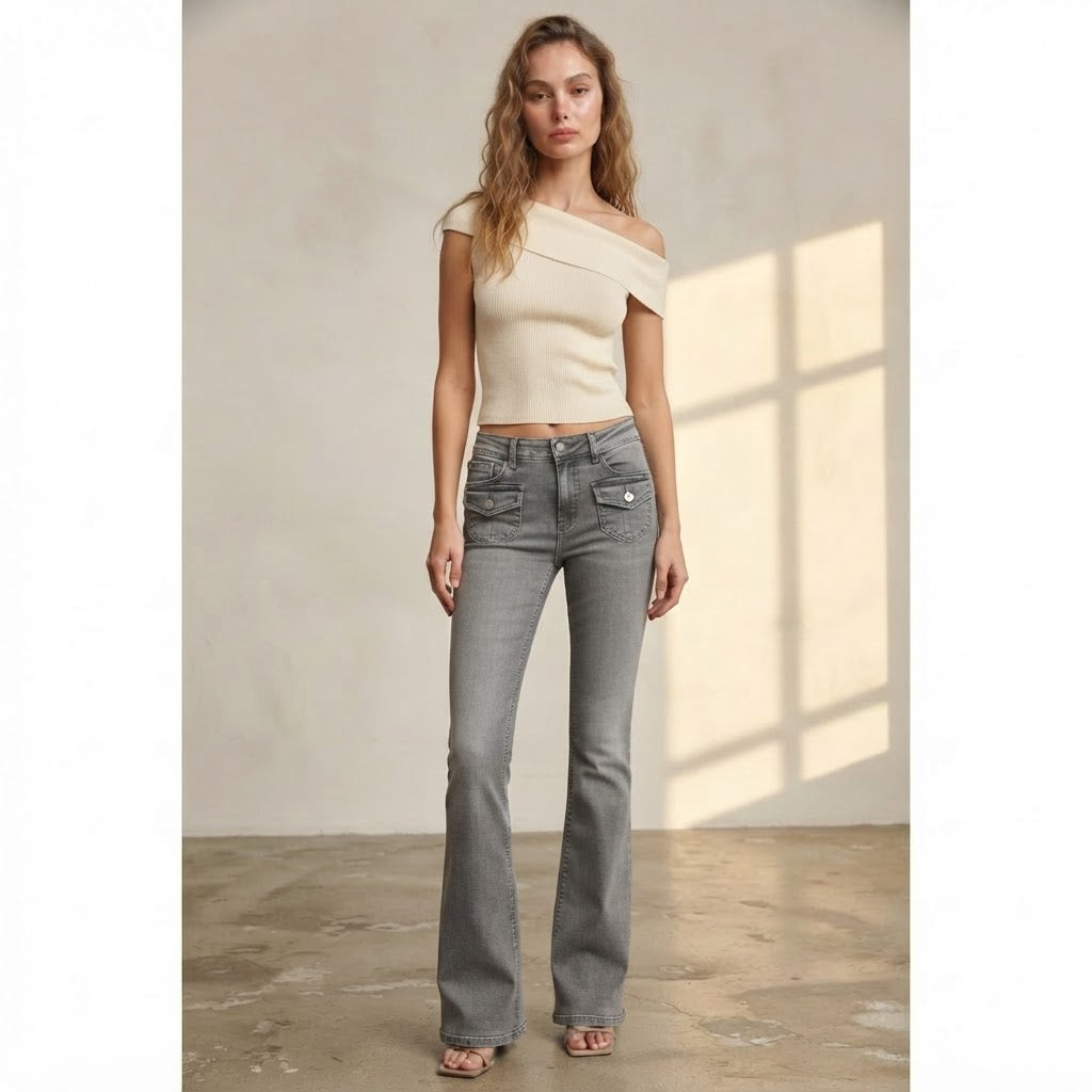 Bershka Grey Bootcut Jeans with Y2K Flap Pockets