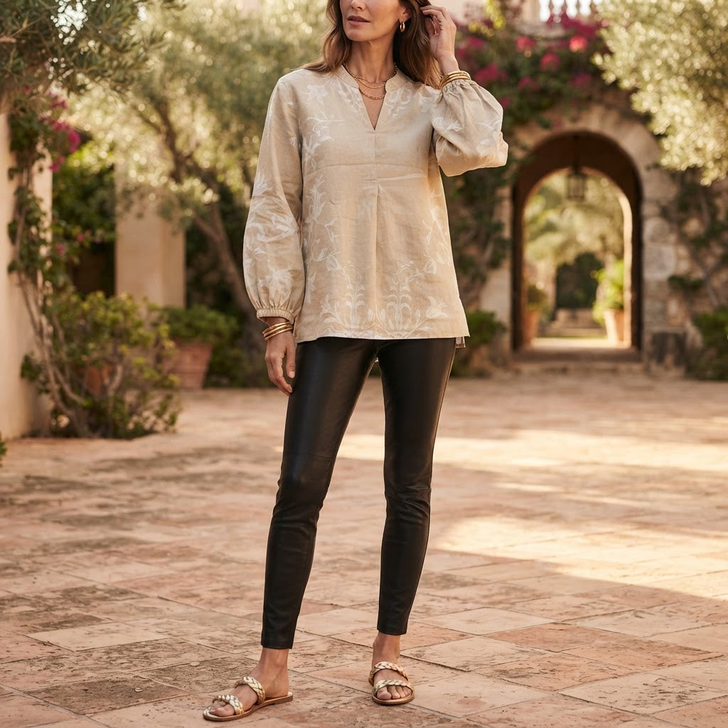 ZARA Women's Beige Long-Sleeve Linen-Blend Floral Damask Tun