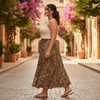 Women's Brown Ornamental Print A-Line Midi Skirt