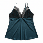 Women's Teal Satin Lace Trim Nightwear Chemise