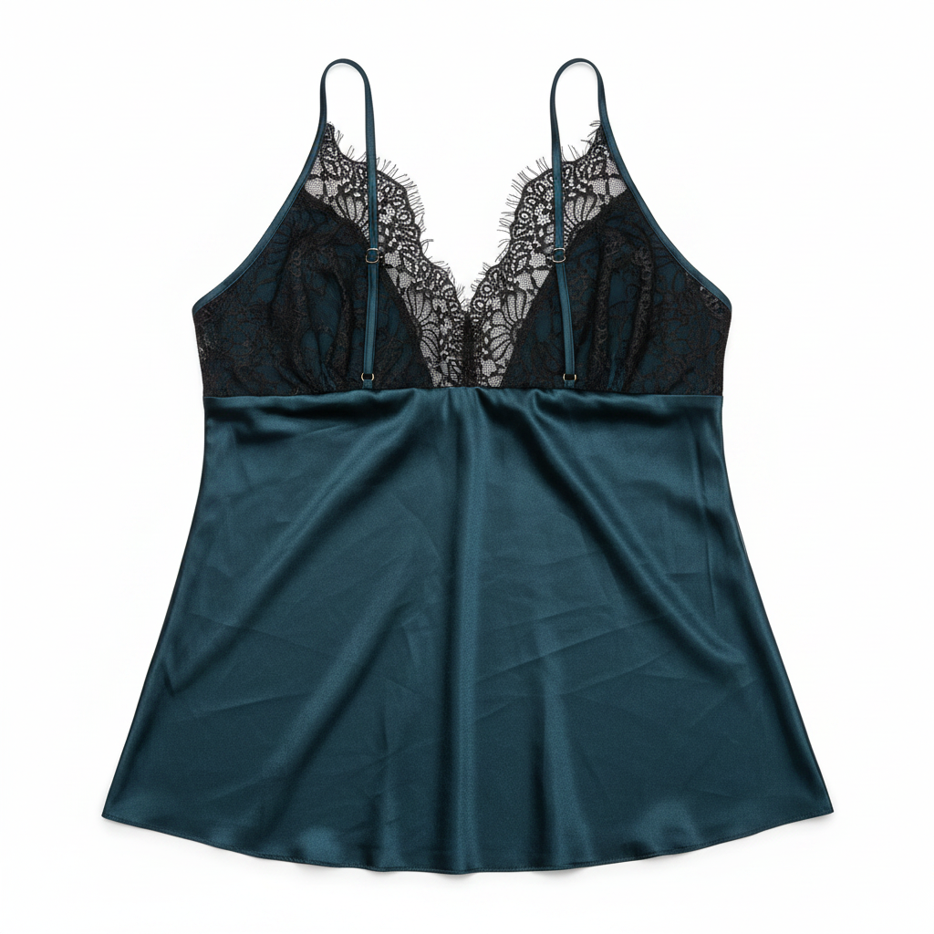 Women's Teal Satin Lace Trim Nightwear Chemise
