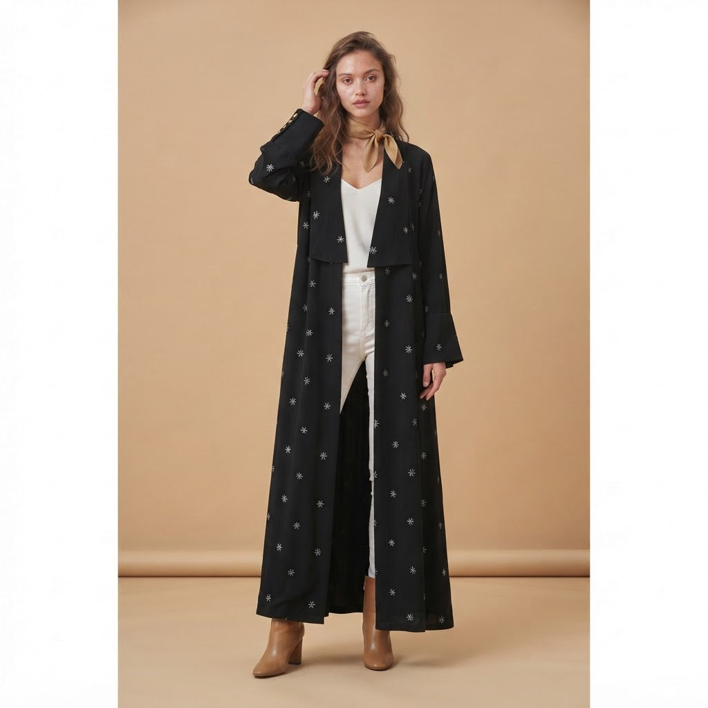 Women's Black Embroidered Modest Longline Abaya Robe