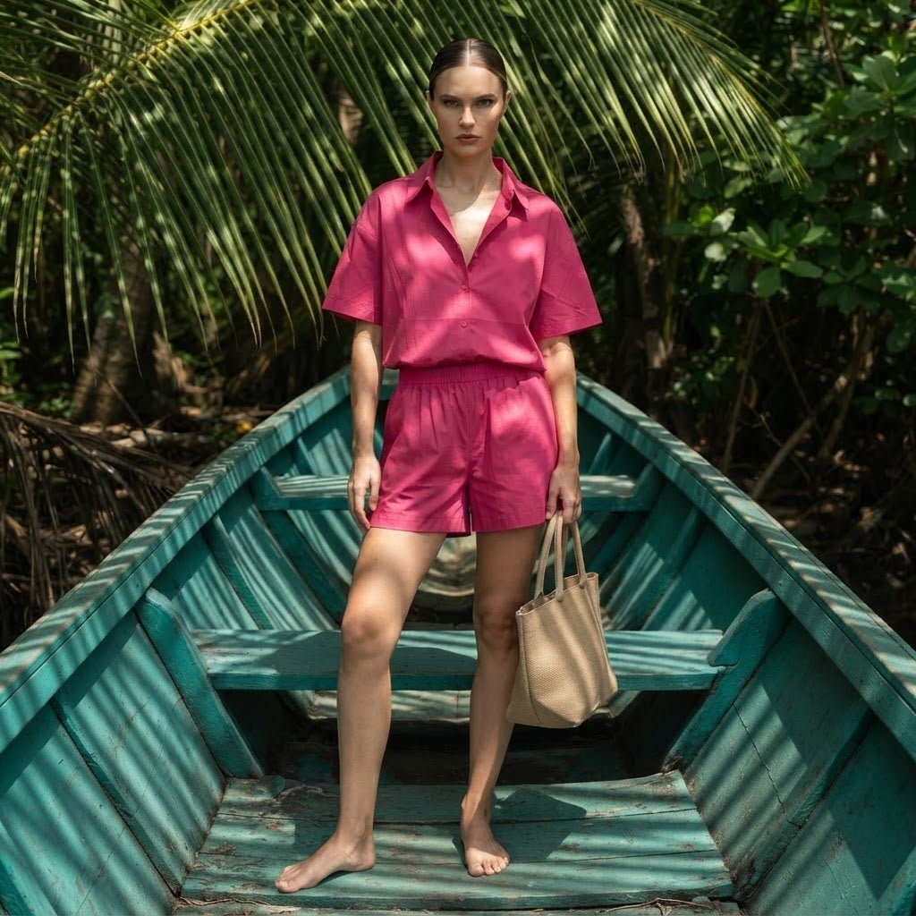 SHEIN Fuchsia Pink Relaxed Short Sleeve Shirt & Shorts Co-or