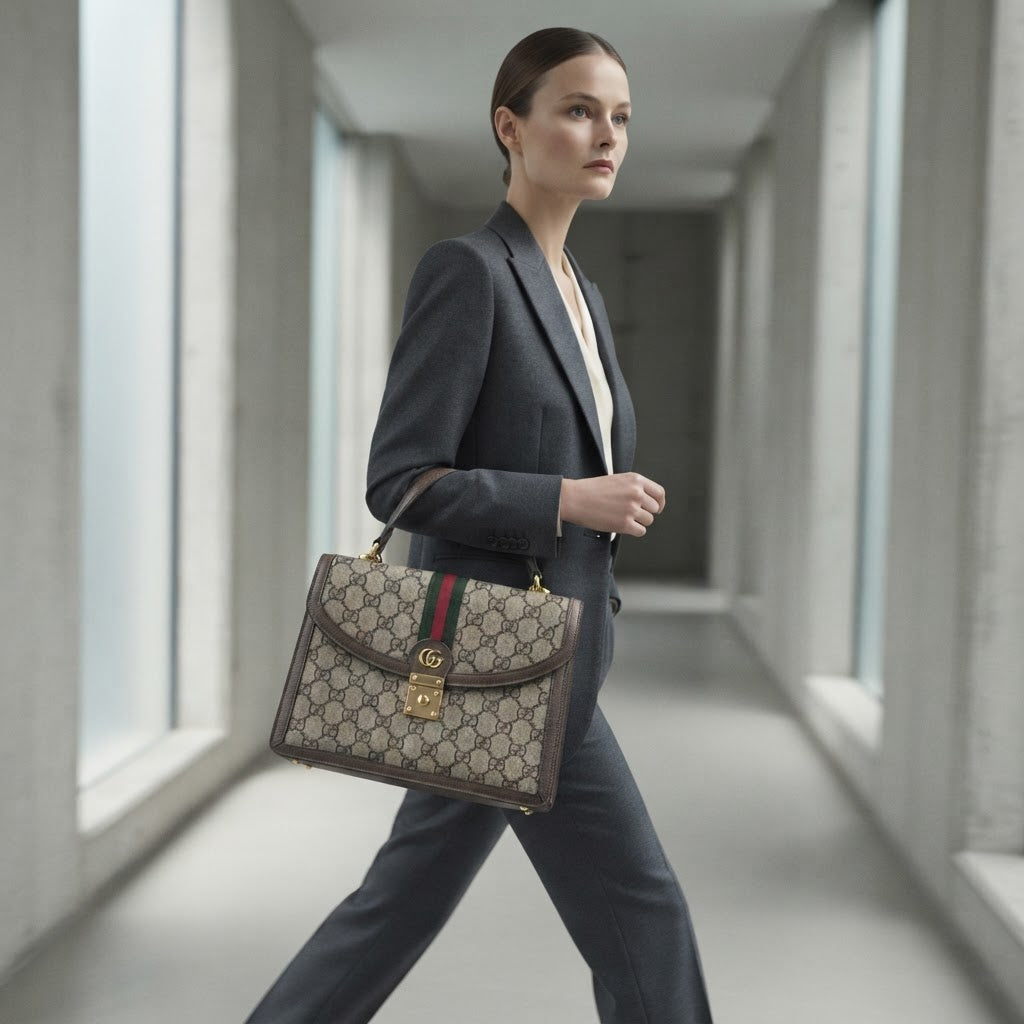 GUCCI Monogram Canvas Top Handle Bag with Web Stripe