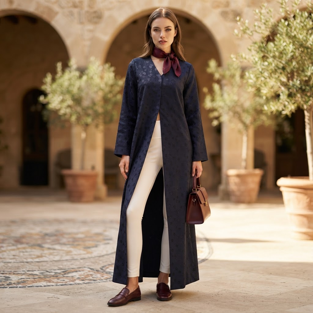 Women's Navy Floral Jacquard V-Neck Floor-Length Abaya