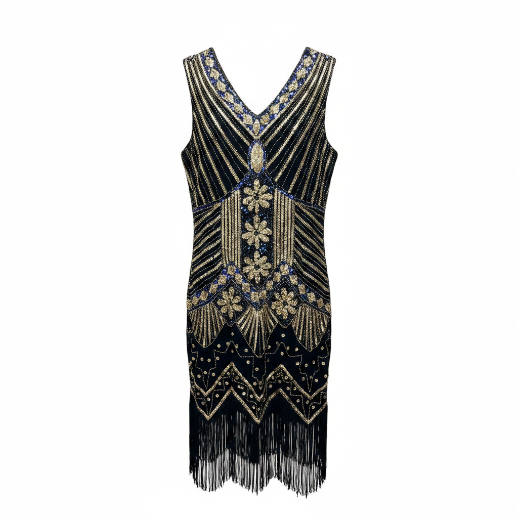 Women's Black & Gold Sequin Art Deco Flapper Dress
