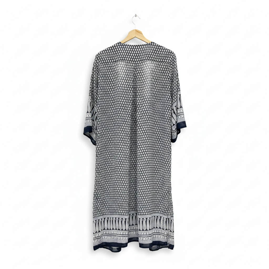 Women's Navy and White Printed Longline Kimono